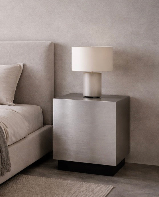 Floating Side Table in Brushed Aluminum – Minimalist Nightstand | Sculptural Design by VELIENTO