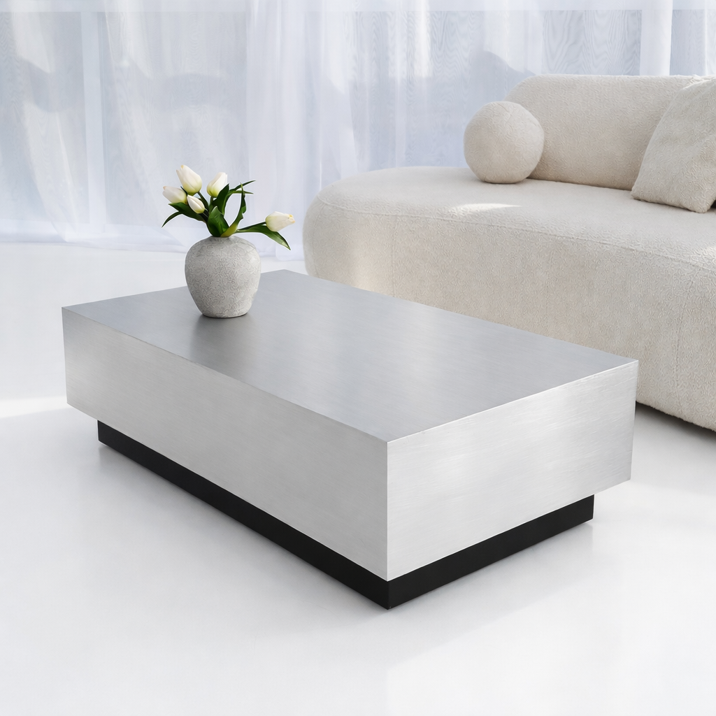 Floating Coffee Table in Brushed Aluminum – Minimalist Sculptural Design | Handmade by VELIENTO