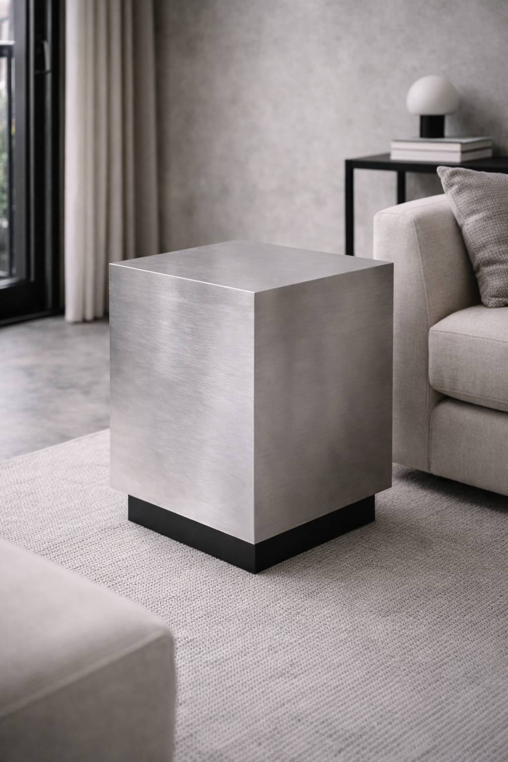 Floating Side Table in Brushed Aluminum – Minimalist Nightstand | Sculptural Design by VELIENTO