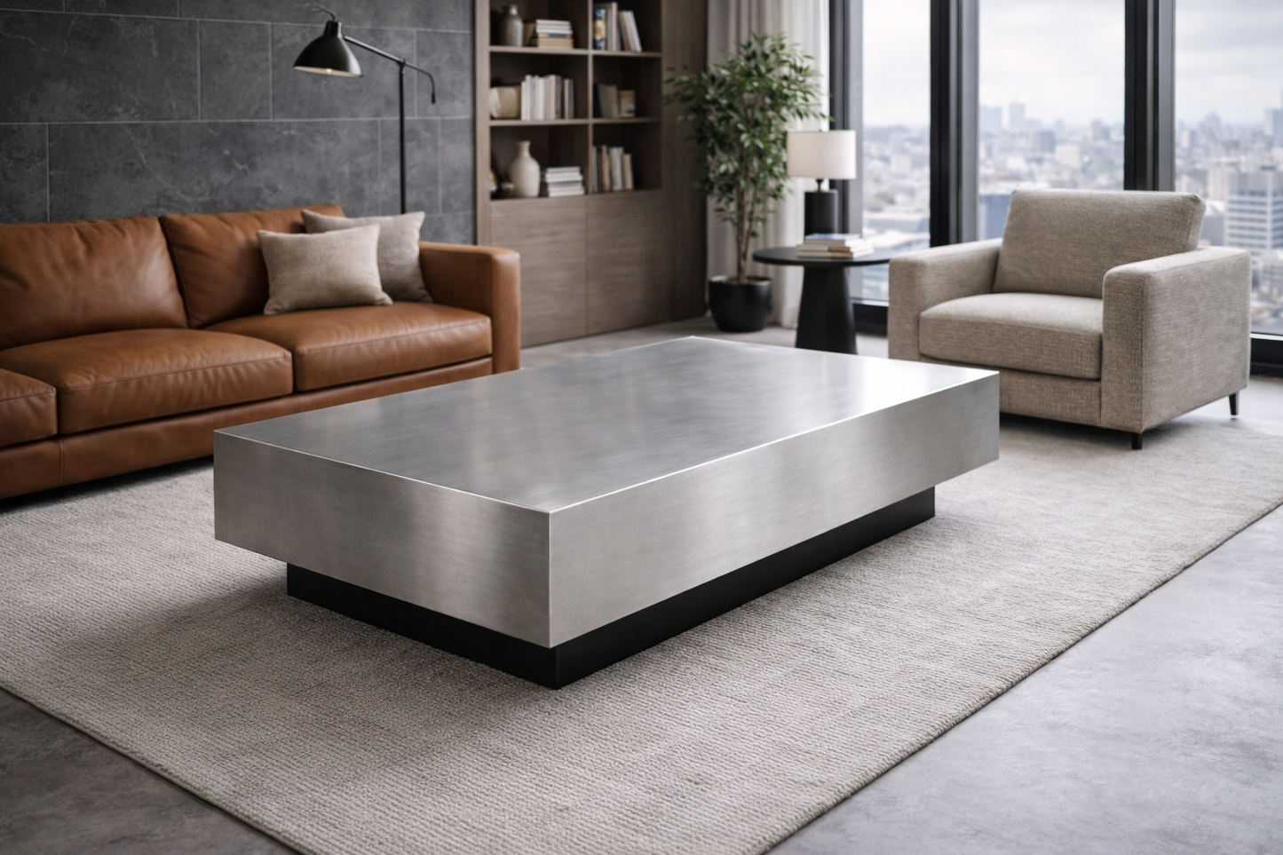 Floating Coffee Table in Brushed Aluminum – Minimalist Sculptural Design | Handmade by VELIENTO
