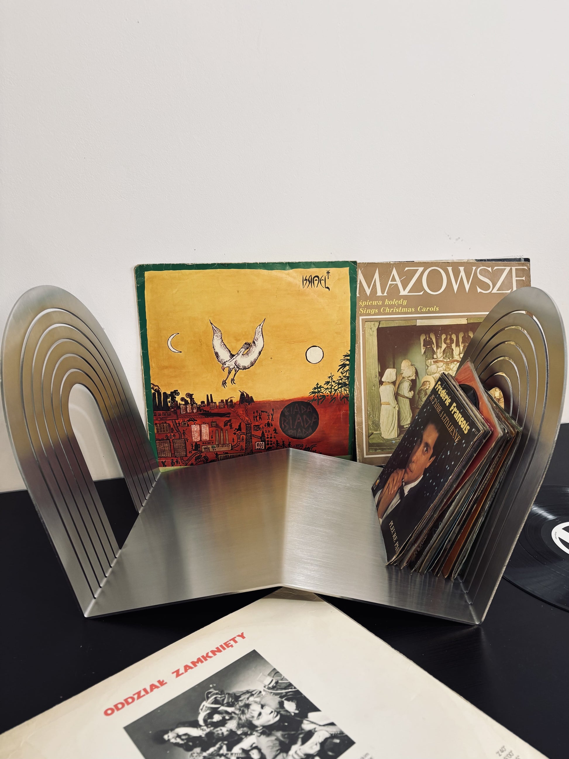 Collection of vinyl records with a metal record holder on a white background